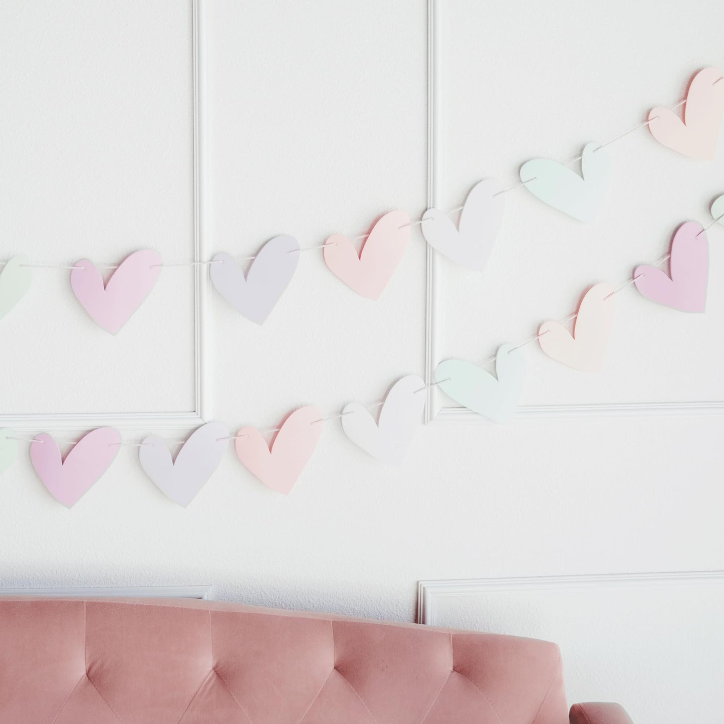 Paper Heart Garland Pre Strung (No DIY!) Heart Party Decorations, Pastel Paper Banner for Baby Showers, Weddings, Anniversary Parties and Valentines Day Decorations