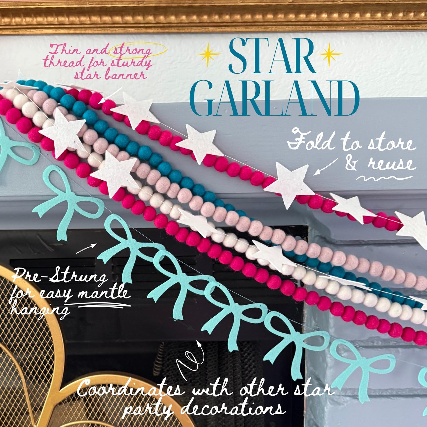 White Felt Star Garland – 2 Banners (12 Feet Total!) Prestrung Star Banner for Party, Nursery, or Christmas Garland Decor Bright Felt Party Decorations