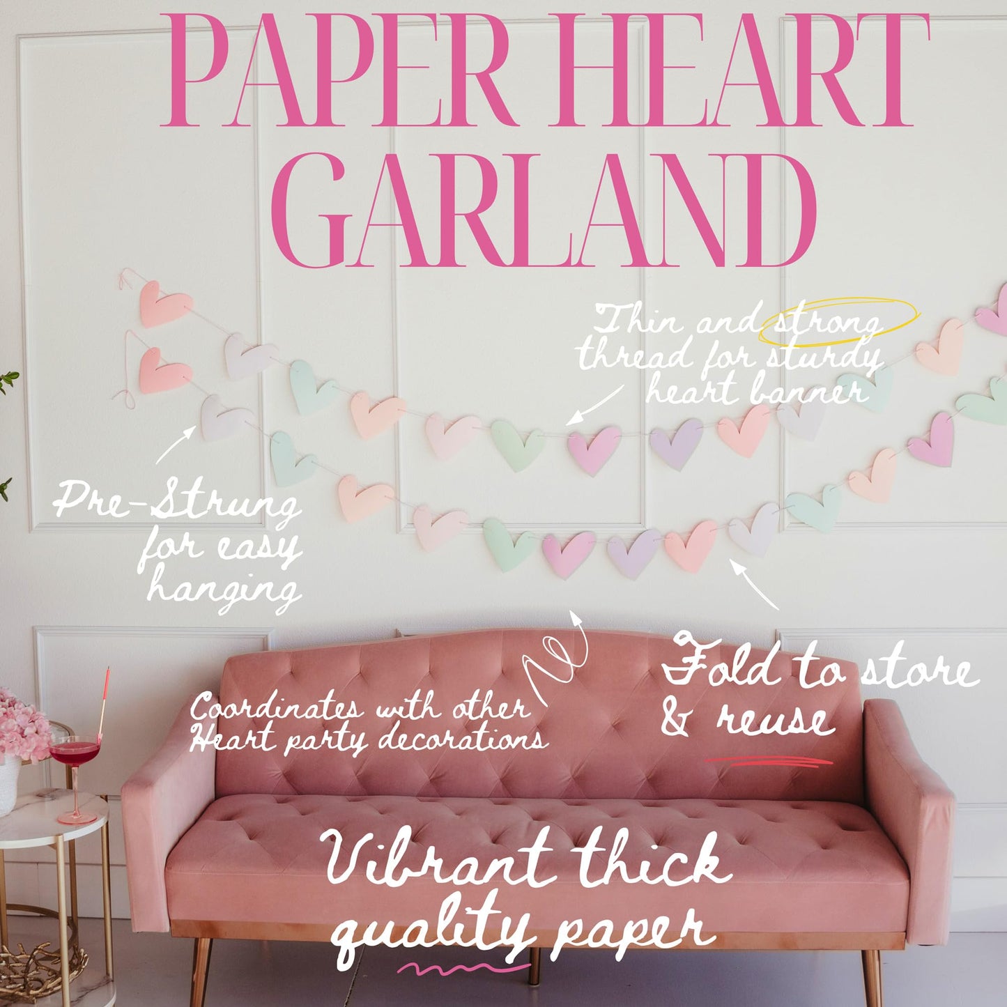 Paper Heart Garland Pre Strung (No DIY!) Heart Party Decorations, Pastel Paper Banner for Baby Showers, Weddings, Anniversary Parties and Valentines Day Decorations