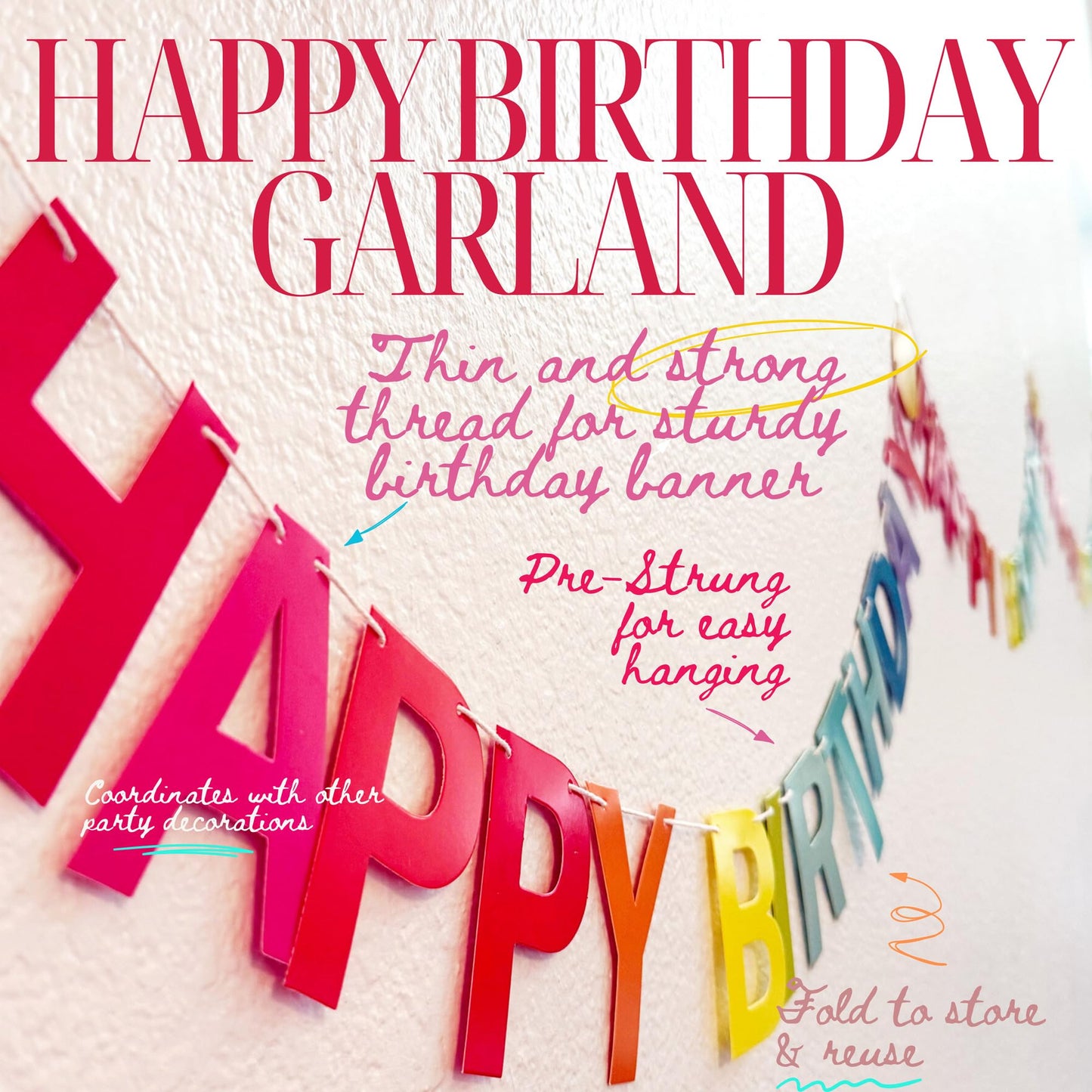 Happy Birthday Garland (No-DIY!) Rainbow Pre Strung Happy Birthday Banner 12 Ft Long Rainbow Party Decorations, Reusable Colorful Letter Sign