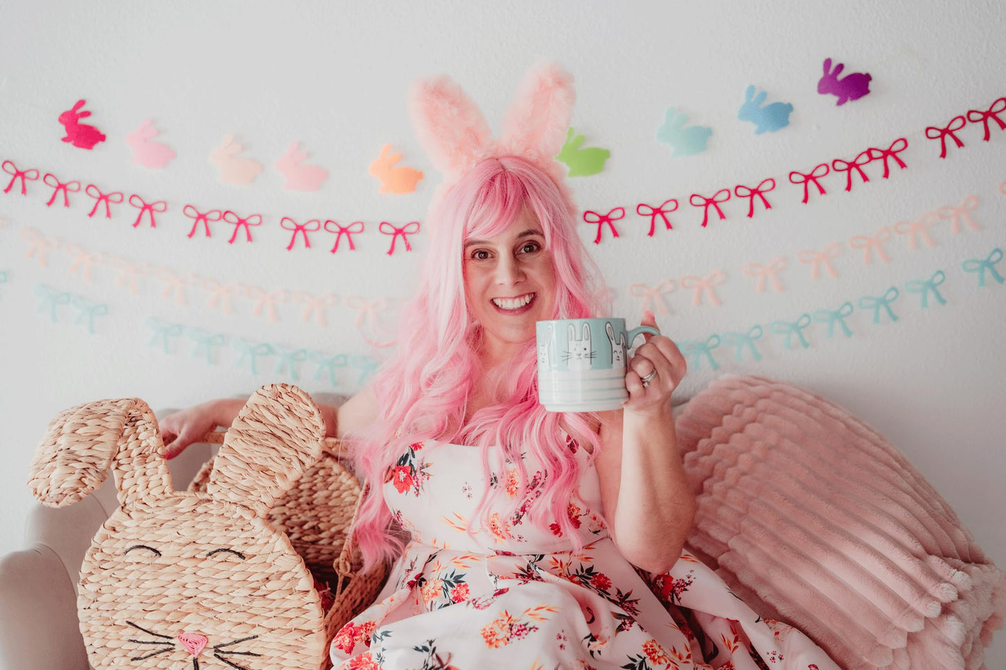 Easter Garland Cute Bunny Garland 10 Pre-Strung Rainbow Bunnies 5 Foot Easter Felt Garland Bunny Party Decorations, Rabbit Shower, Birthday Party Banners for Mantle, Tree, Classroom, and Wall Decor,