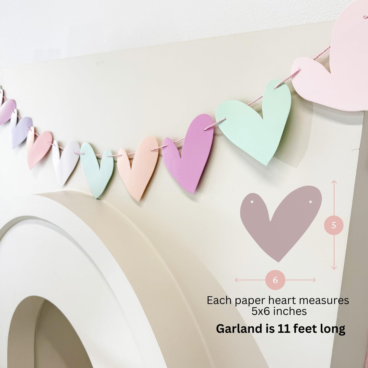 Paper Heart Garland Pre Strung (No DIY!) Heart Party Decorations, Pastel Paper Banner for Baby Showers, Weddings, Anniversary Parties and Valentines Day Decorations