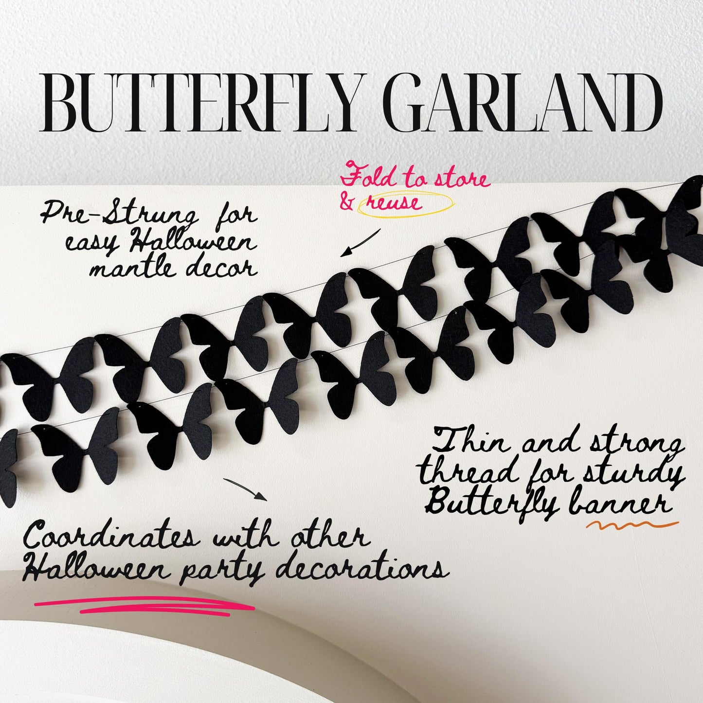 Black Butterfly Garland, Pre-Strung Felt Butterfly Birthday Decorations, 9 feet prestrung Felt Hanging Halloween Party Decorations