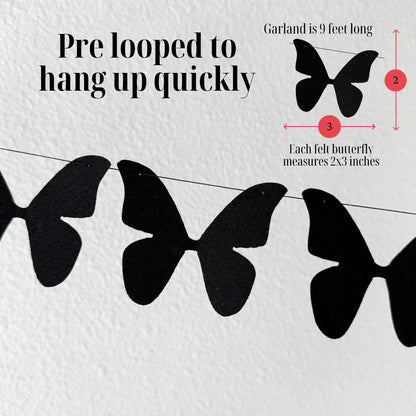 Black Butterfly Garland, Pre-Strung Felt Butterfly Birthday Decorations, 9 feet prestrung Felt Hanging Halloween Party Decorations