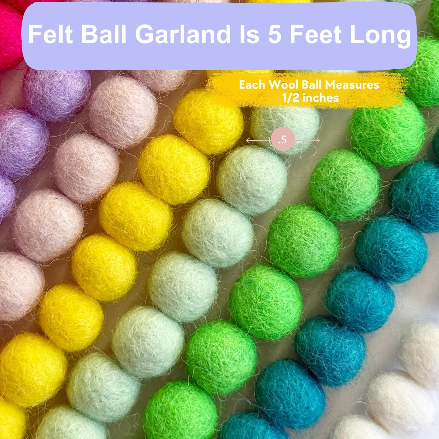 Mini Felt Ball Garland 115 100% Wool Ball Pom Pom Garland for Birthday Party Decor, Spring Banner, Bridal Shower