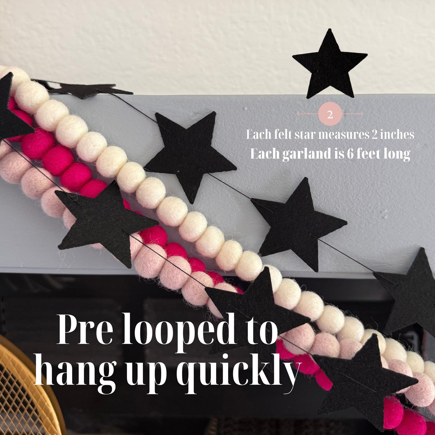 White Felt Star Garland – 2 Banners (12 Feet Total!) Prestrung Star Banner for Party, Nursery, or Christmas Garland Decor Bright Felt Party Decorations