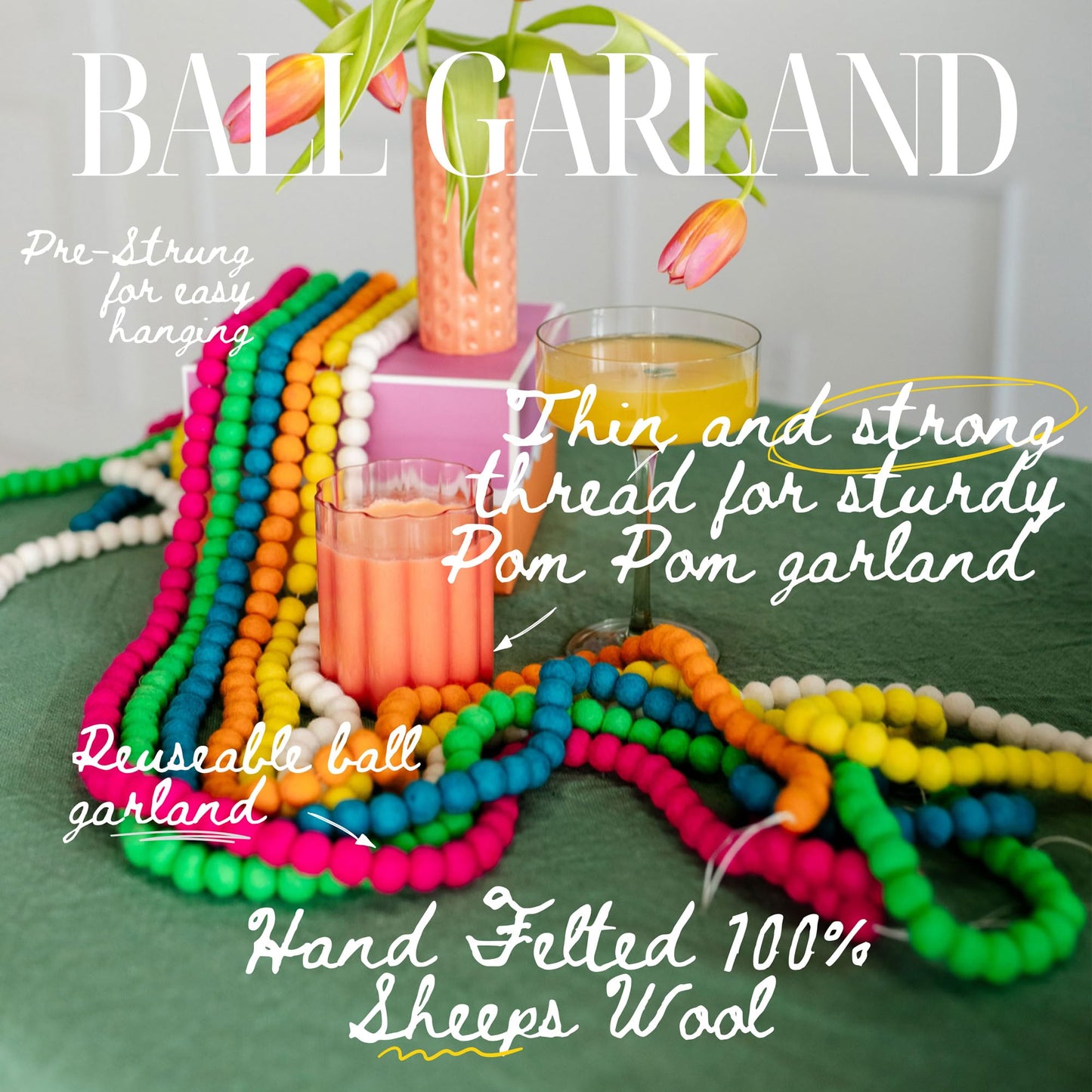 Mini Felt Ball Garland 115 100% Wool Ball Pom Pom Garland for Birthday Party Decor, Spring Banner, Bridal Shower