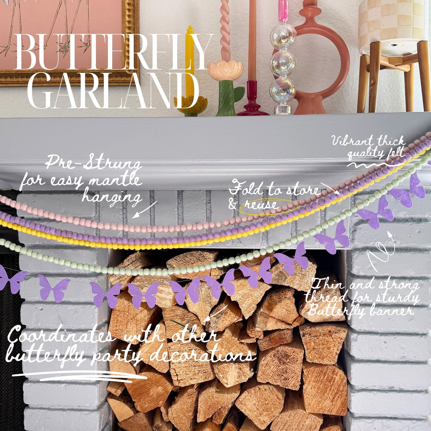 Black Butterfly Garland, Pre-Strung Felt Butterfly Birthday Decorations, 9 feet prestrung Felt Hanging Halloween Party Decorations