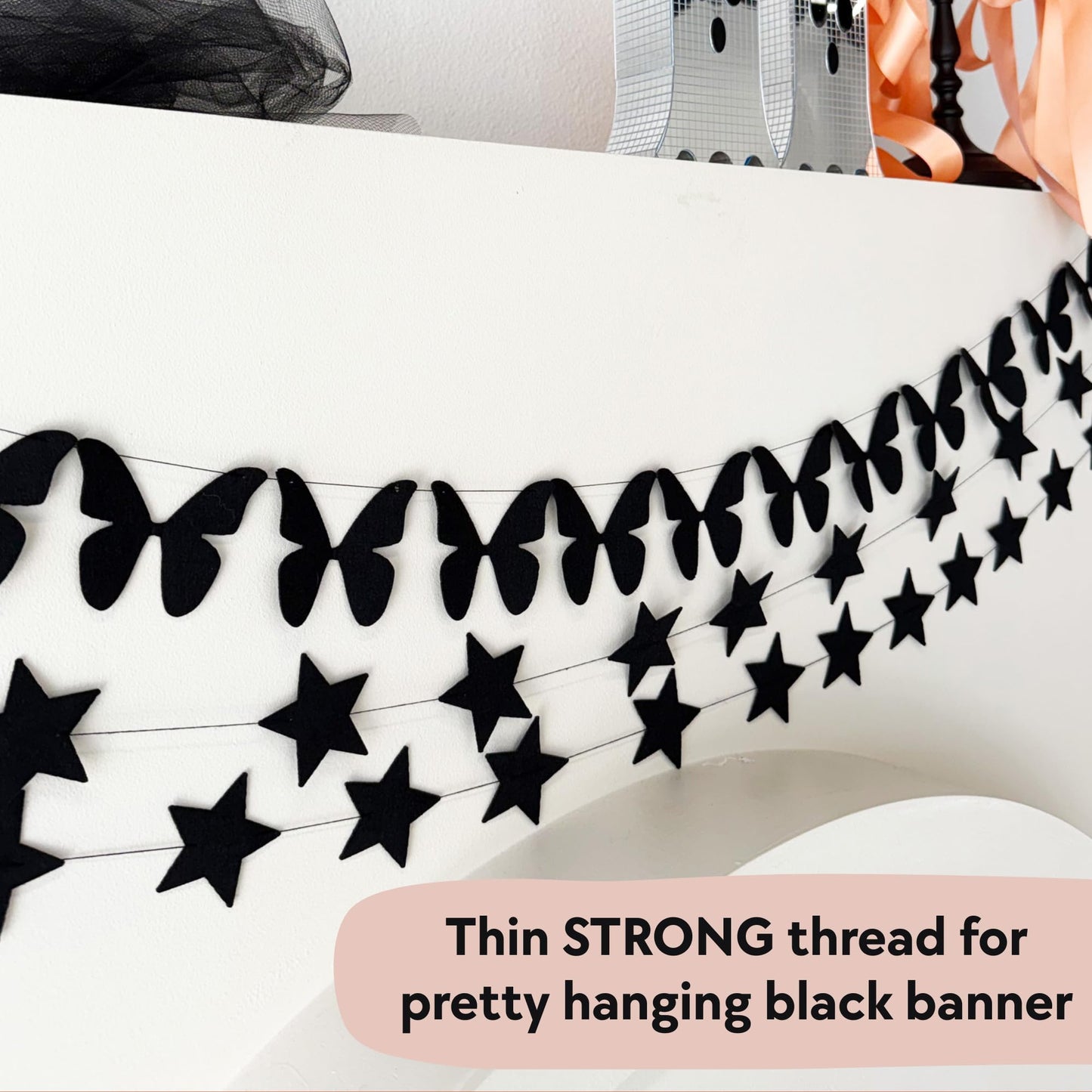 Black Butterfly Garland, Pre-Strung Felt Butterfly Birthday Decorations, 9 feet prestrung Felt Hanging Halloween Party Decorations