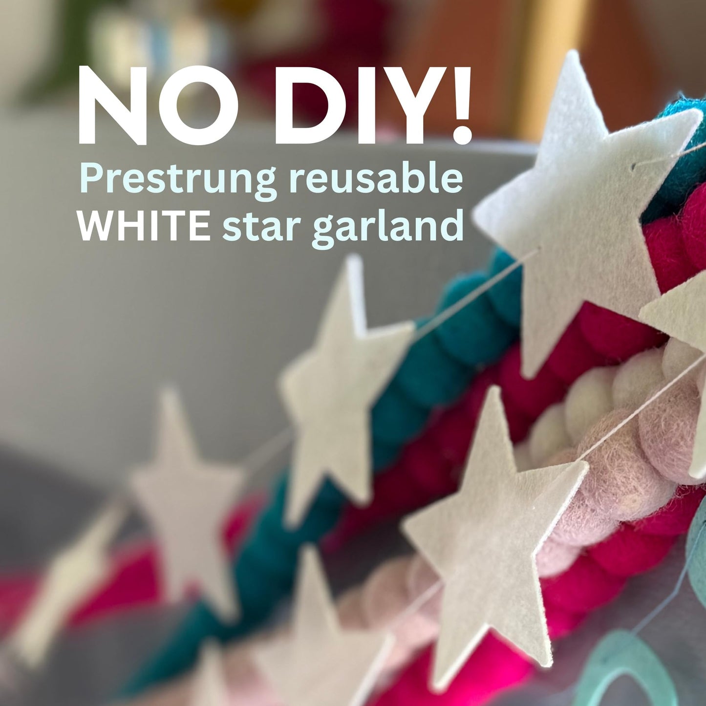 White Felt Star Garland – 2 Banners (12 Feet Total!) Prestrung Star Banner for Party, Nursery, or Christmas Garland Decor Bright Felt Party Decorations