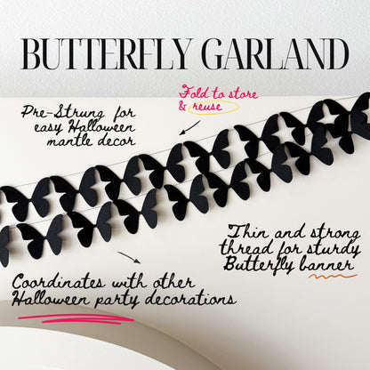 Black Butterfly Garland, Pre-Strung Felt Butterfly Birthday Decorations, 9 feet prestrung Felt Hanging Halloween Party Decorations
